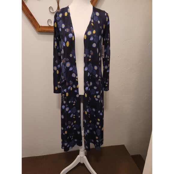 LULAROE SARAH LONG CARDIGAN DUSTER NAVY BLUE FALL FLORAL POCKET LONG SLEEVE  XS - Picture 1 of 10